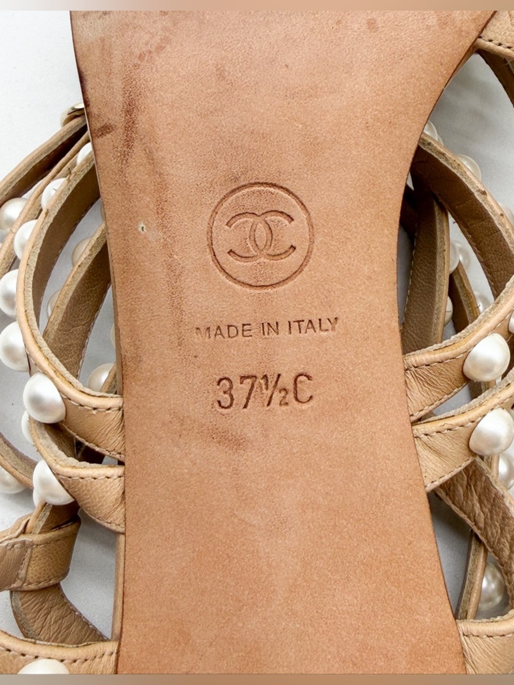 Chanel Beige Quilted Leather Pearl Embellished Ankle Strap Sandals Heels EU 37.5 - Picture 12 of 16